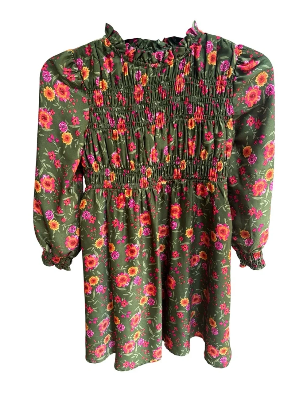 Girls' Kids Floral Smocked Green Long-Sleeve Dress by ZAC KIDS Size 7-8